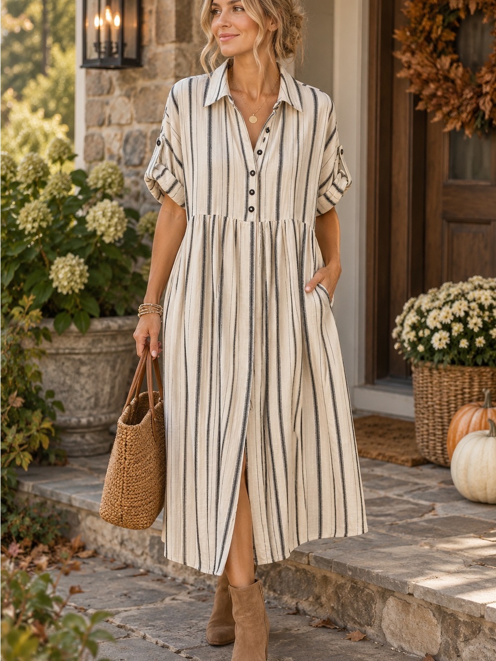 Tribal Jeans Striped Linen-Viscose Midi Dress — Medium
